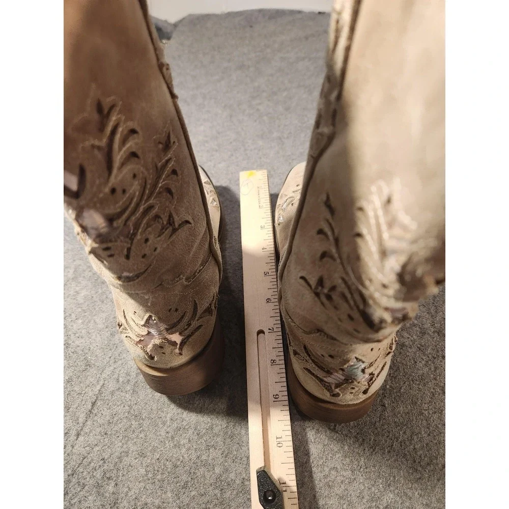 Roper Boots Kids Size 3 Beige Western Cowboy Square Toe Glitter Inlay Mid Calf
